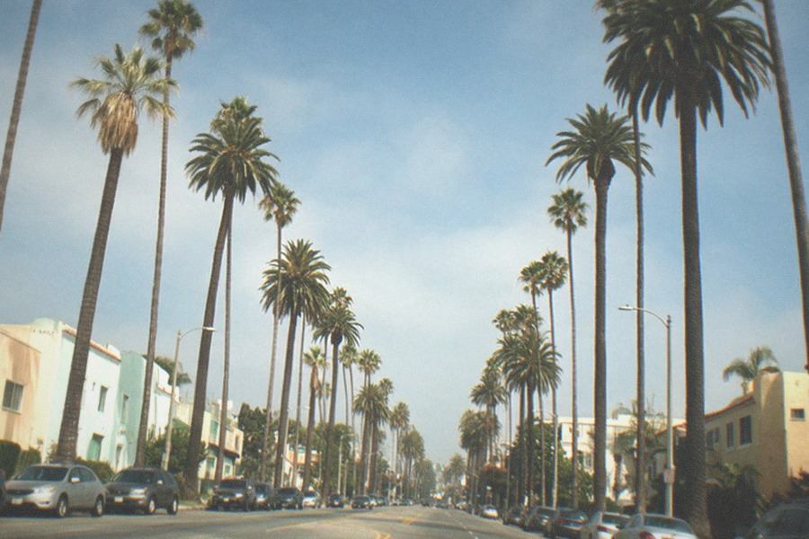 Wide sidewalk on Wilshire Boulevard with museum buildings in the distance