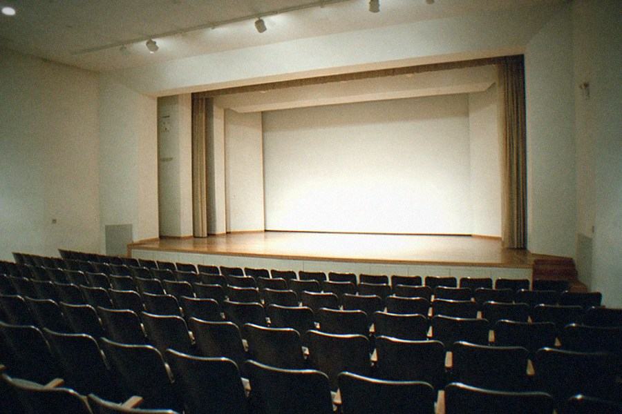A domed planetarium theater with concentric rows of seats under a projected night sky
