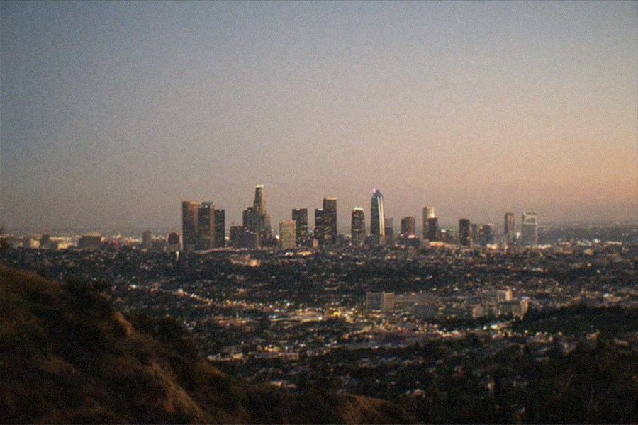 City skyline seen from a hillside terrace with a garden in the foreground.