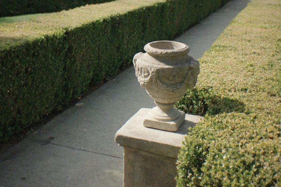 A formal garden with clipped hedges and a fountain in morning light