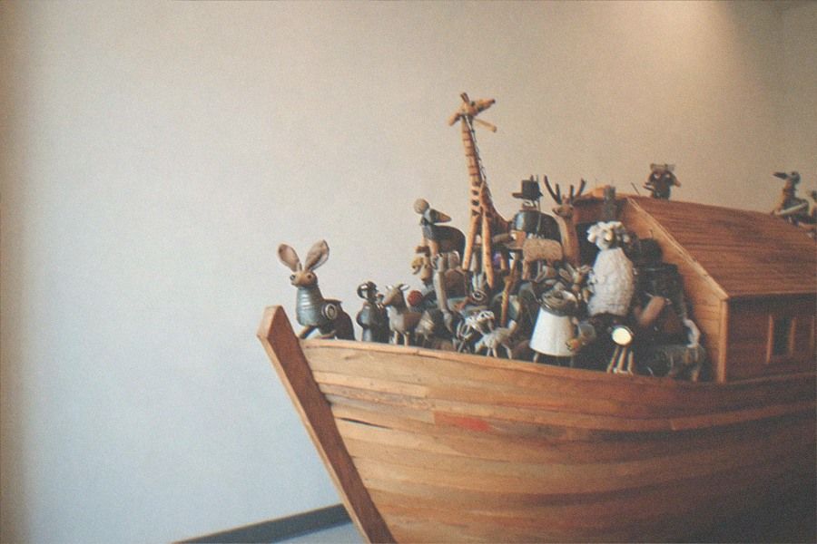 The wooden hull of the Noah's Ark gallery at the Skirball Cultural Center, crowded with sculpted animals